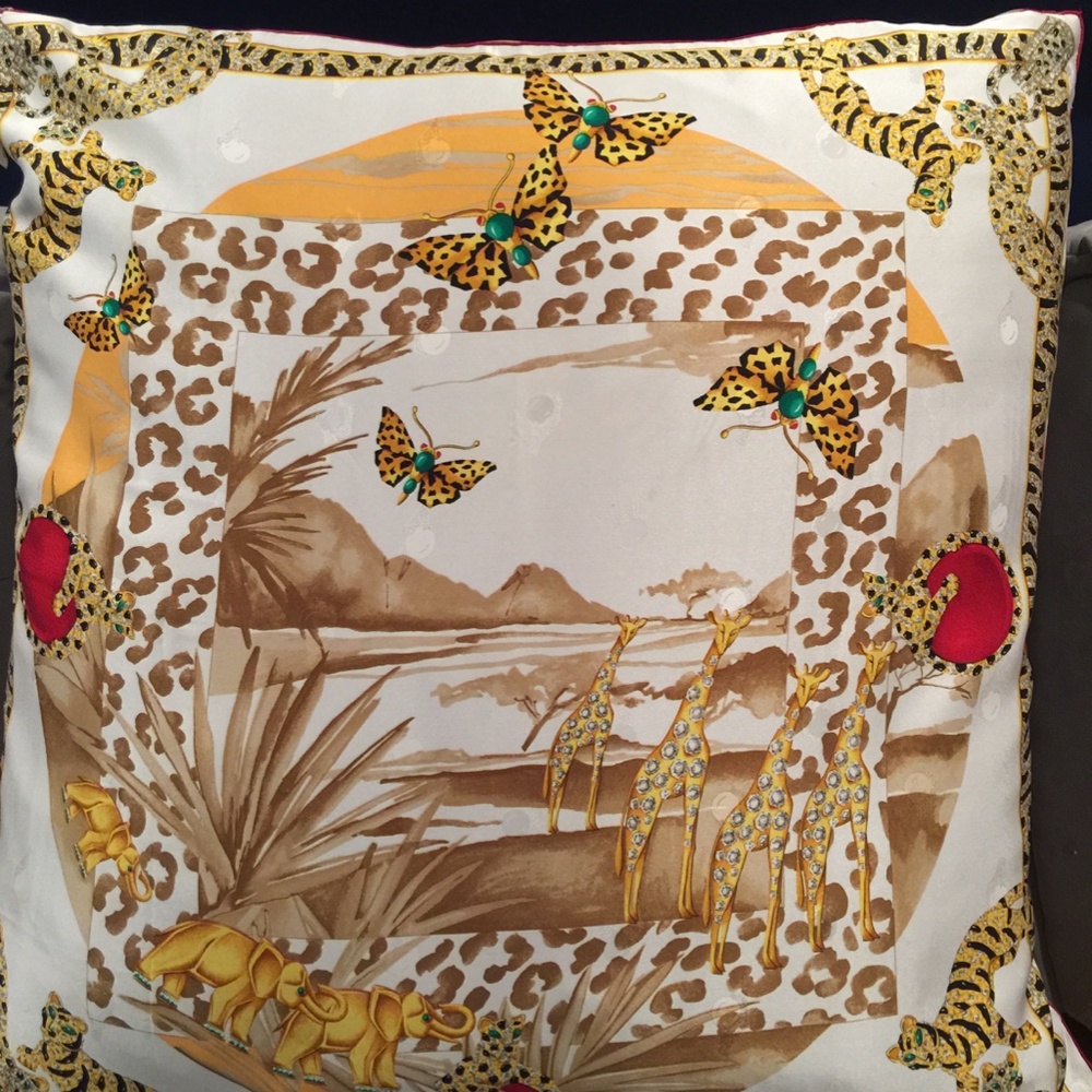 House of Cartier XL pillow custom made from authentic Cartier silk scarf,34x34